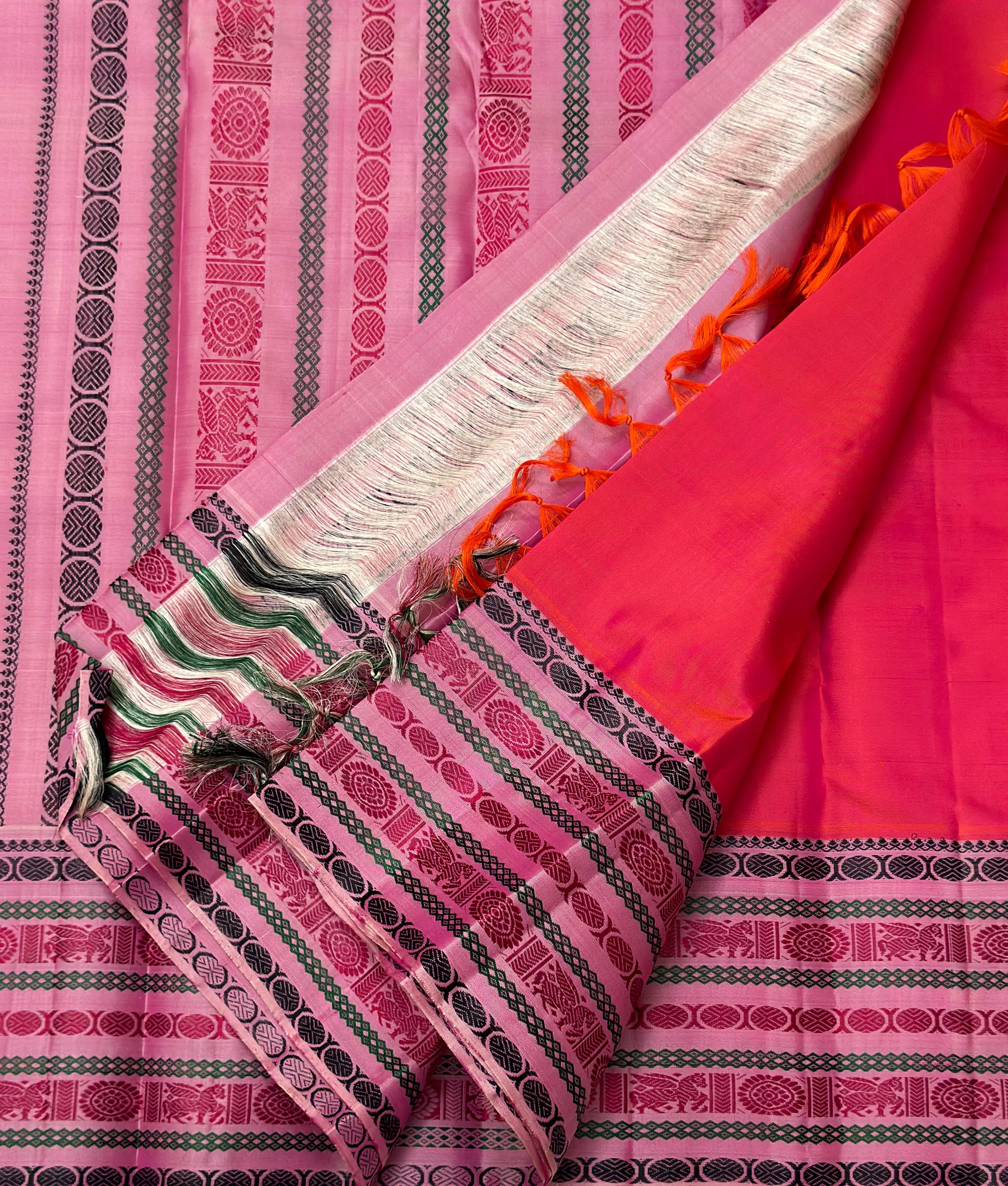 Classic Pinkish Orange & Pink 1gm Zari Elegance Kanchipuram Handloom Silk Saree SS23549