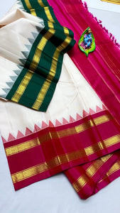 Classic Cream & Pink Green Kanchipuram Handloom Silk Saree SS26264