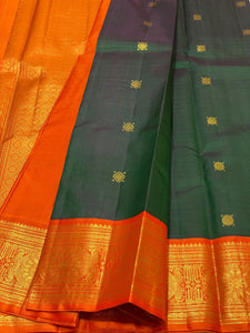 Shaded Bottle Green & Orange 2gm Zari Elegance Kanchipuram Handloom Silk Saree SS22109