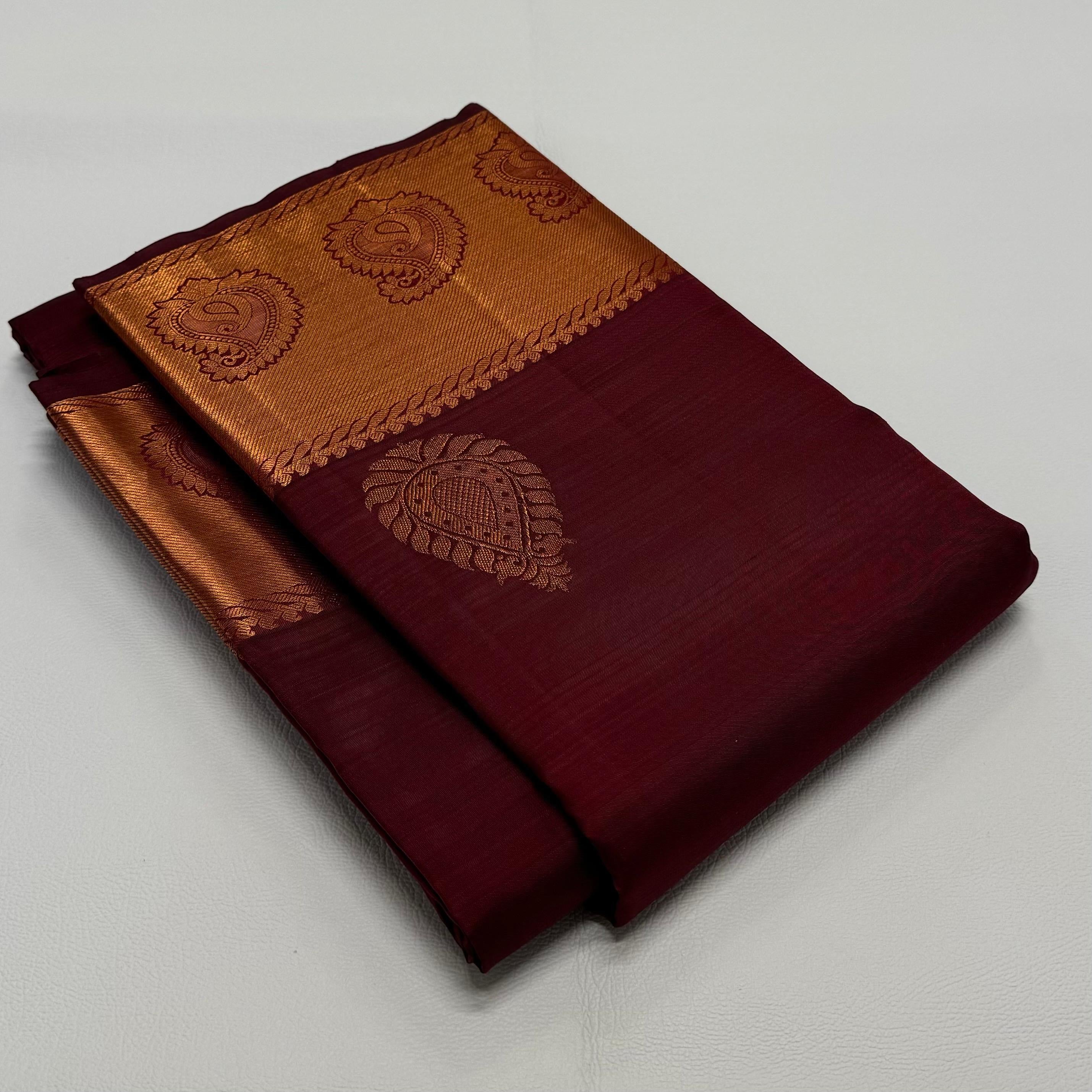 Classic Brown Red Rose Gold Zari Elegance Kanchipuram Handloom Silk Saree SS23586