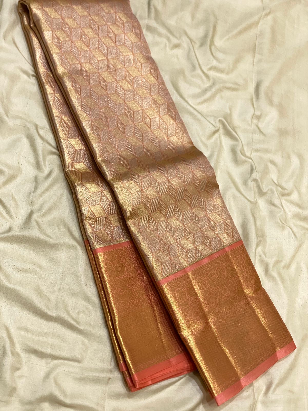 Pastel Brick Rose 2gm Zari Brocade Tissue Bridal Elegance Kanchipuram Handloom Silk Saree SS26665