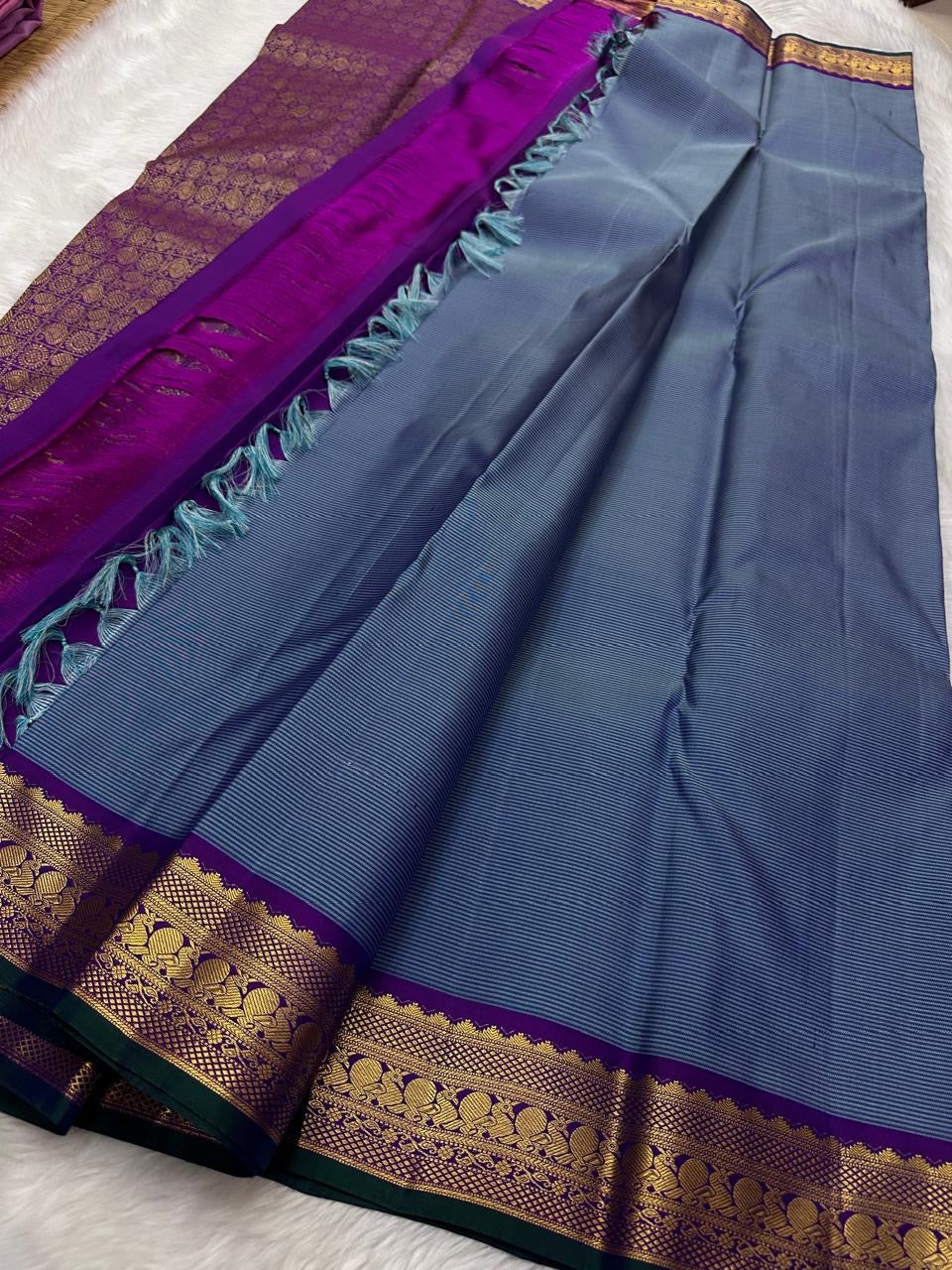 Classic Airforce Blue & Fuchsia Pink Elegance Kanchipuram Handloom Silk Saree SS25401