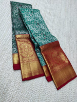 Load image into Gallery viewer, Classic Persian Green &amp; Ruby Pink 2gm Zari Bridal Elegance Kanchipuram Handloom Silk Saree SS25398
