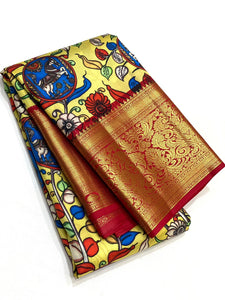 Classic Neon Yellow & Chilly Red Kalamkari Digital Print Bridal Elegance Kanchipuram Handloom Silk Saree SS23911