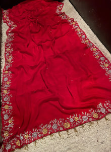 Classic Chilly Red Pearl Sequins Handwork Satin Organza Silk Saree SS20624