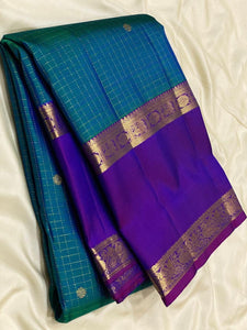 Classic Peacock Blue & Purple 2gm Zari Vaira Oosi Kanchipuram Handloom Silk Saree SS25584