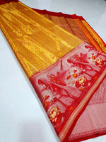 Load image into Gallery viewer, Classic Golden Yellow &amp; Red 4D designed Bridal Elegance Kanchipuram Handloom Silk Saree SS24774
