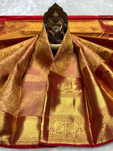 Classic Crimson Red 2gm Zari Bridal Elegance Kanchipuram Handloom Silk Saree SS25358