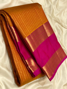 Classic Mustard Orange & Fuchsia Pink 2gm Zari Vaira Oosi Elegance Kanchipuram Handloom Silk Saree SS25329