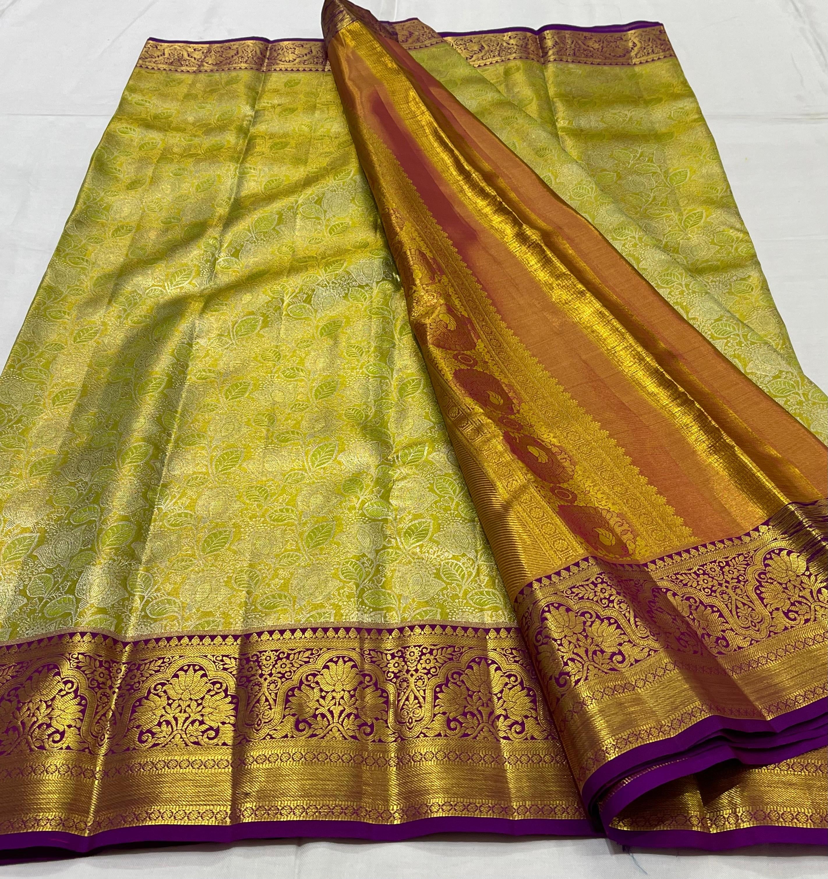 Classic Pastel Green & Purple 2gm Zari Brocade Bridal Elegance Kanchipuram Handloom Silk Saree SS23638