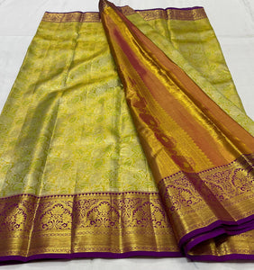 Classic Pastel Green & Purple 2gm Zari Brocade Bridal Elegance Kanchipuram Handloom Silk Saree SS23638