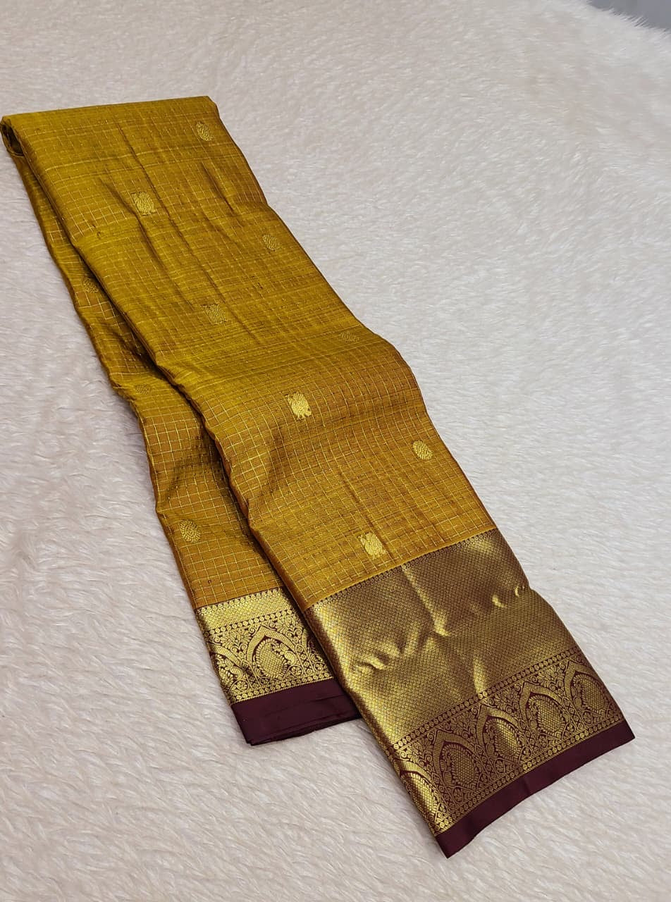 Classic Mustard Yellow & Dark Brown 2gm Zari Kanchipuram Handloom Silk Saree SS26368