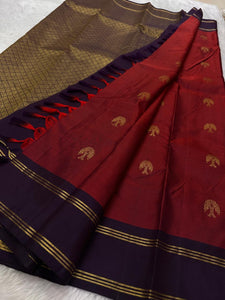 Classic Brick Red & Eminence Violet Elegance Kanchipuram Handloom Silk Saree SS23674