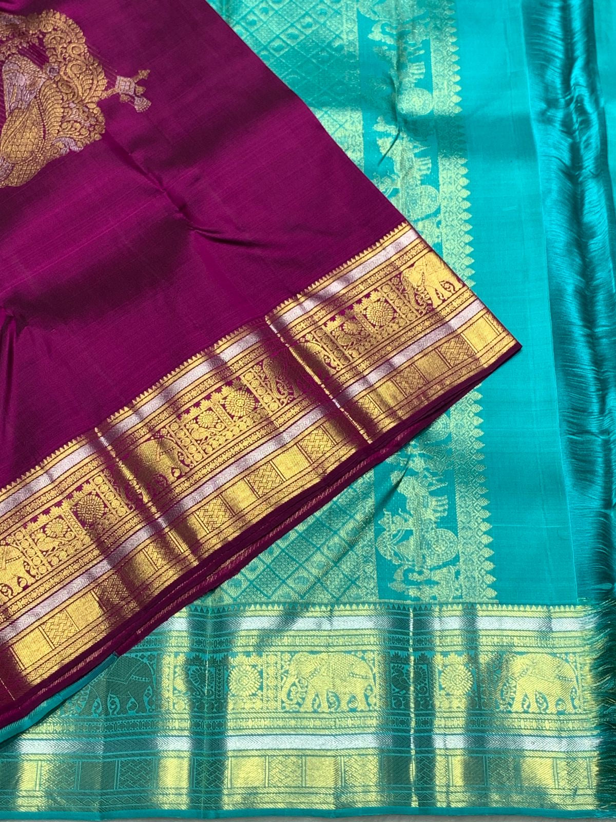 Classic Wine Red & Sea Green 2gm Zari Kanchipuram Handloom Silk Saree SS26005
