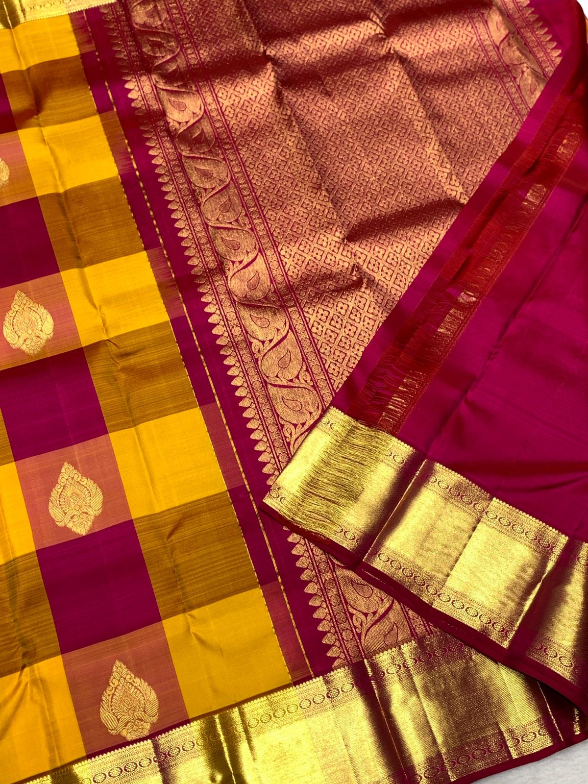 Classic Mustard & Pink 2gm Zari Kanchipuram Handloom Silk Saree SS25570