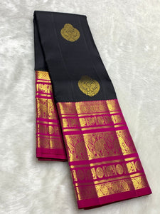 Classic Charcoal Black & Dark Pink 2gm Zari Kanchipuram Handloom Silk Saree SS25826
