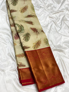 Classic Butter Cream & Chilly Red 2gm Zari Elegance Kanchipuram Handloom Silk Saree SS23605