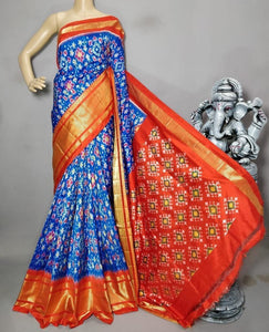 Classic Sapphire Blue & Orange Ikkat Elegance Handloom Soft Silk Saree SS23100