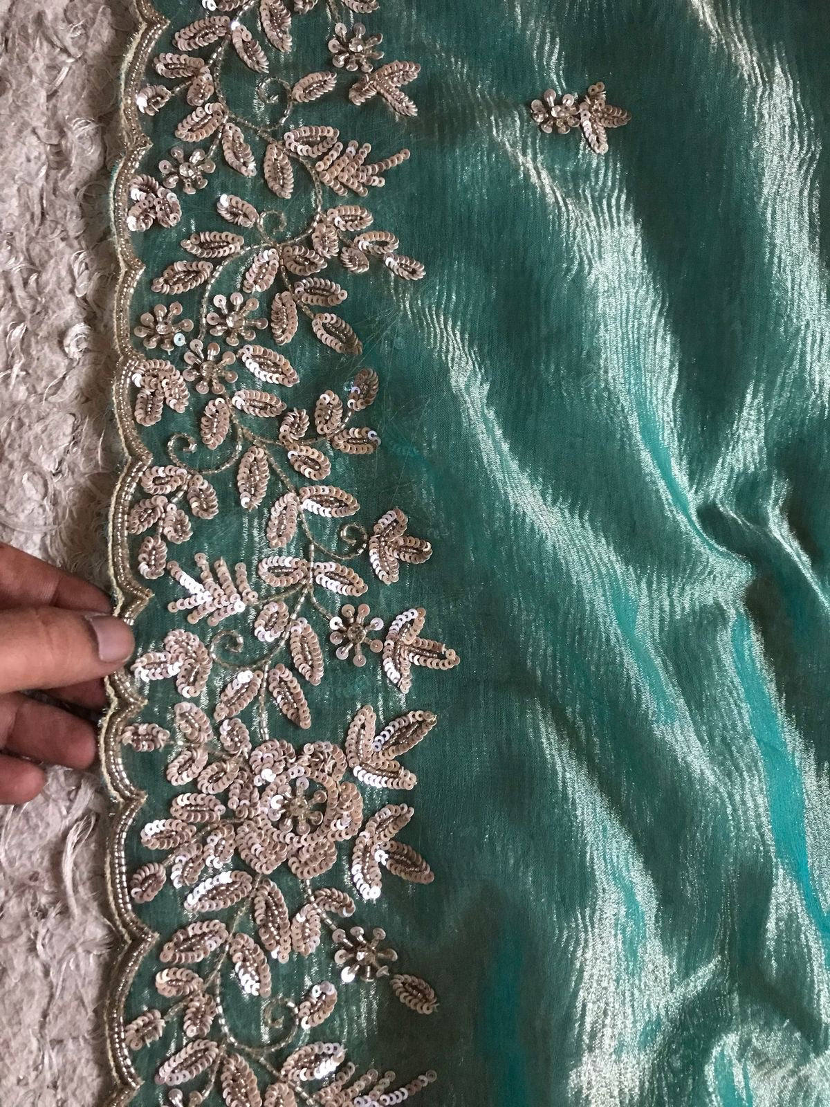 Classic Tinted Blue Handwork Elegance Crushed Tissue Silk Saree SS25698