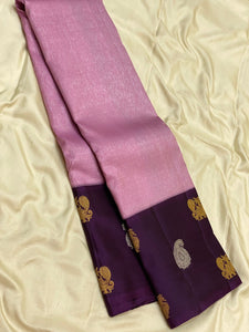 Classic Baby Pink & Plum 2gm Zari Vaira Oosi Checks Kanchipuram Handloom Silk Saree SS26328