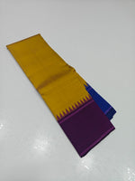Load image into Gallery viewer, Classic Mustard Yellow &amp; Plum Berry Blue 2gm Zari Traditional Korvai Elegance Kanchipuram Handloom Silk Saree SS27979
