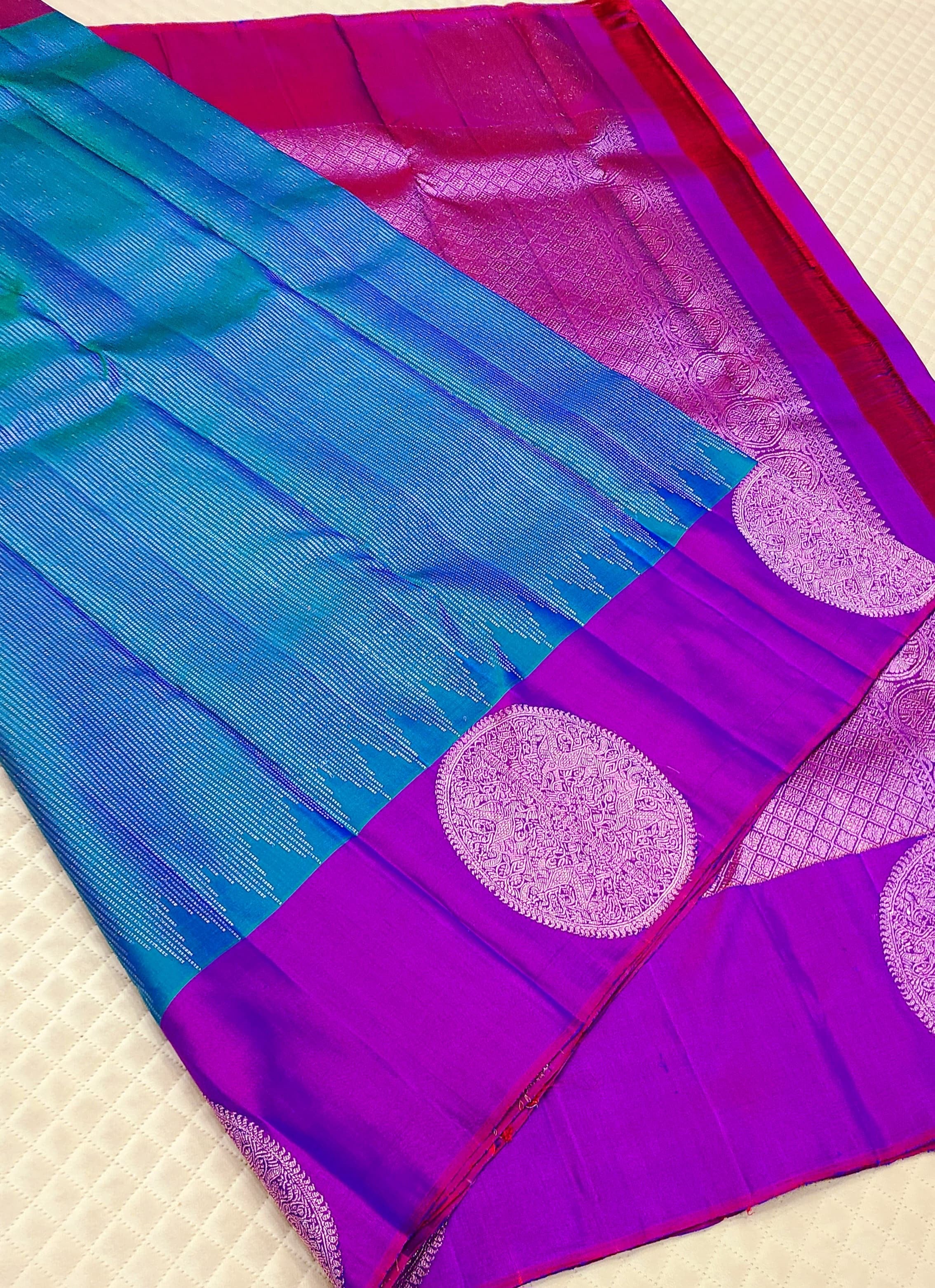 Classic Peacock Blue & Wine Purple 2gm Zari Kanchipuram Handloom Silk Saree SS26195