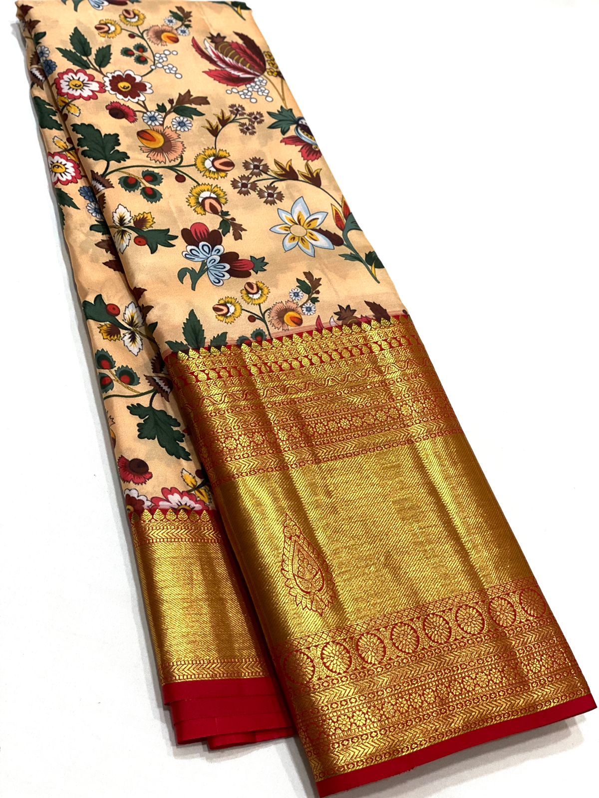 Classic Peach & Chilly Red Kalamkari Digital Print Bridal Elegance Kanchipuram Handloom Silk Saree SS23907