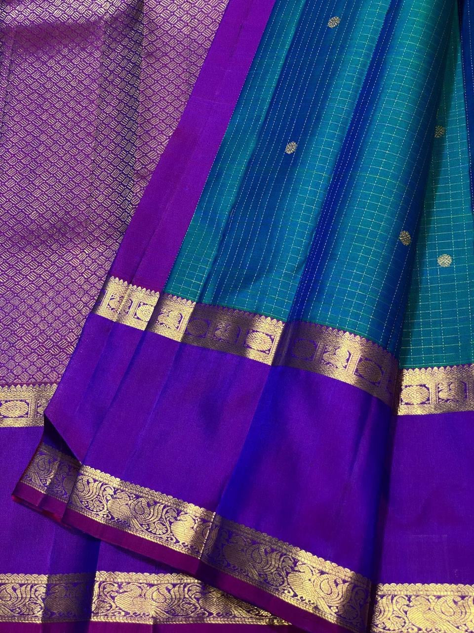 Classic Peacock Blue & Purple 2gm Zari Vaira Oosi Kanchipuram Handloom Silk Saree SS25584