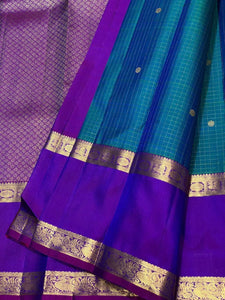 Classic Peacock Blue & Purple 2gm Zari Vaira Oosi Kanchipuram Handloom Silk Saree SS25584
