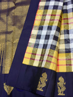 Load image into Gallery viewer, Classic White Yellow Navy Blue Checks 2gm Zari Elegance Kanchipuram Handloom Silk Saree SS27207
