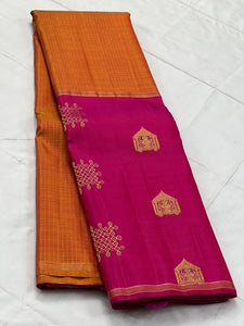 Classic Mango Yellow & Deep Pink 2gm Zari Elegance Kanchipuram Handloom Silk Saree SS25192