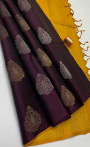 Dark Wine Red & Mango Yellow Double Warp Elegance Handloom Soft Silk Saree SS23225