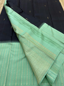 Classic Charcoal Black & Pastel Sea Green 2gm Zari Elegance Kanchipuram Handloom Silk Saree SS24763