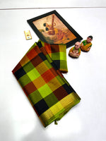 Load image into Gallery viewer, Classic Lime Green Checks Elegance Kanchipuram Handloom Silk Saree SS24067
