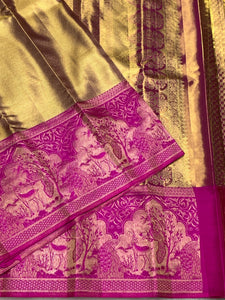 Classic Gold & Glow Purple Elegance Kanchipuram Handloom Silk Saree SS25435