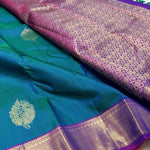 Load image into Gallery viewer, Classic Peacock Green &amp; Wine Fuchsia 1gm Zari Elegance Kanchipuram Handloom Silk Saree SS24681
