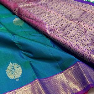 Classic Peacock Green & Wine Fuchsia 1gm Zari Elegance Kanchipuram Handloom Silk Saree SS24681