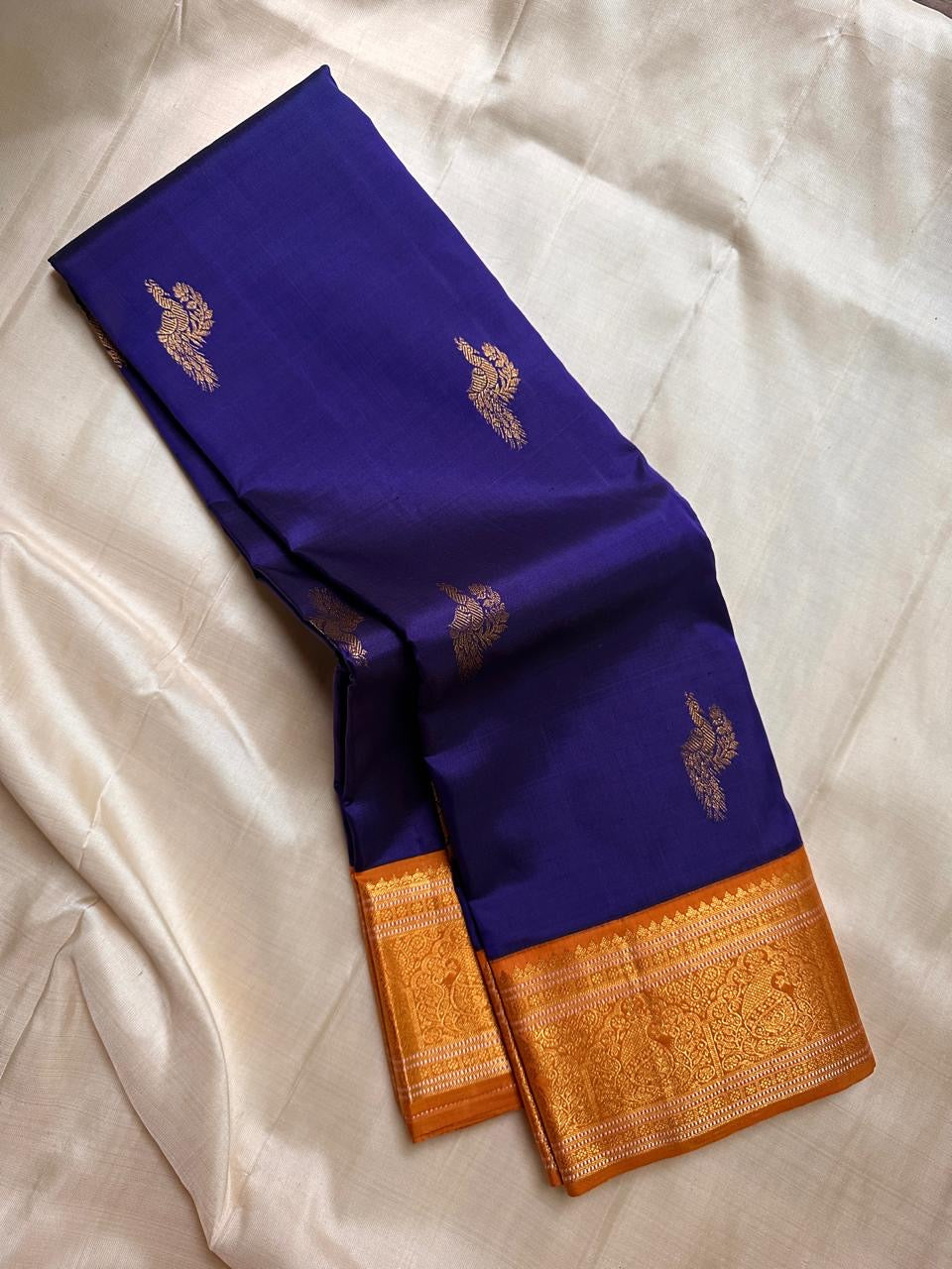 Classic Royal Blue & Orange 2gm Zari Korvai Elegance Kanchipuram Handloom Silk Saree SS23733