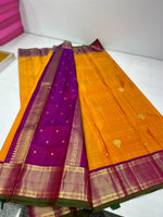 Load image into Gallery viewer, Classic Mango Yellow &amp; Plum 2gm Zari Kanchipuram Handloom Silk Saree SS25995
