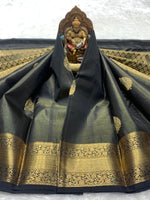 Load image into Gallery viewer, Classic Slate Black 2gm Zari Elegance Kanchipuram Handloom Silk Saree SS27494
