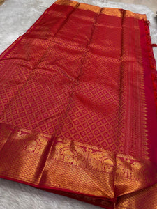 Classic Berry Pink Red Bridal Elegance Kanchipuram Handloom Silk Saree SS26223
