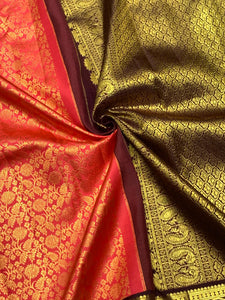 Classic Orange & Coffee Brown 2gm Zari Bridal Elegance Kanchipuram Handloom Silk Saree SS25831