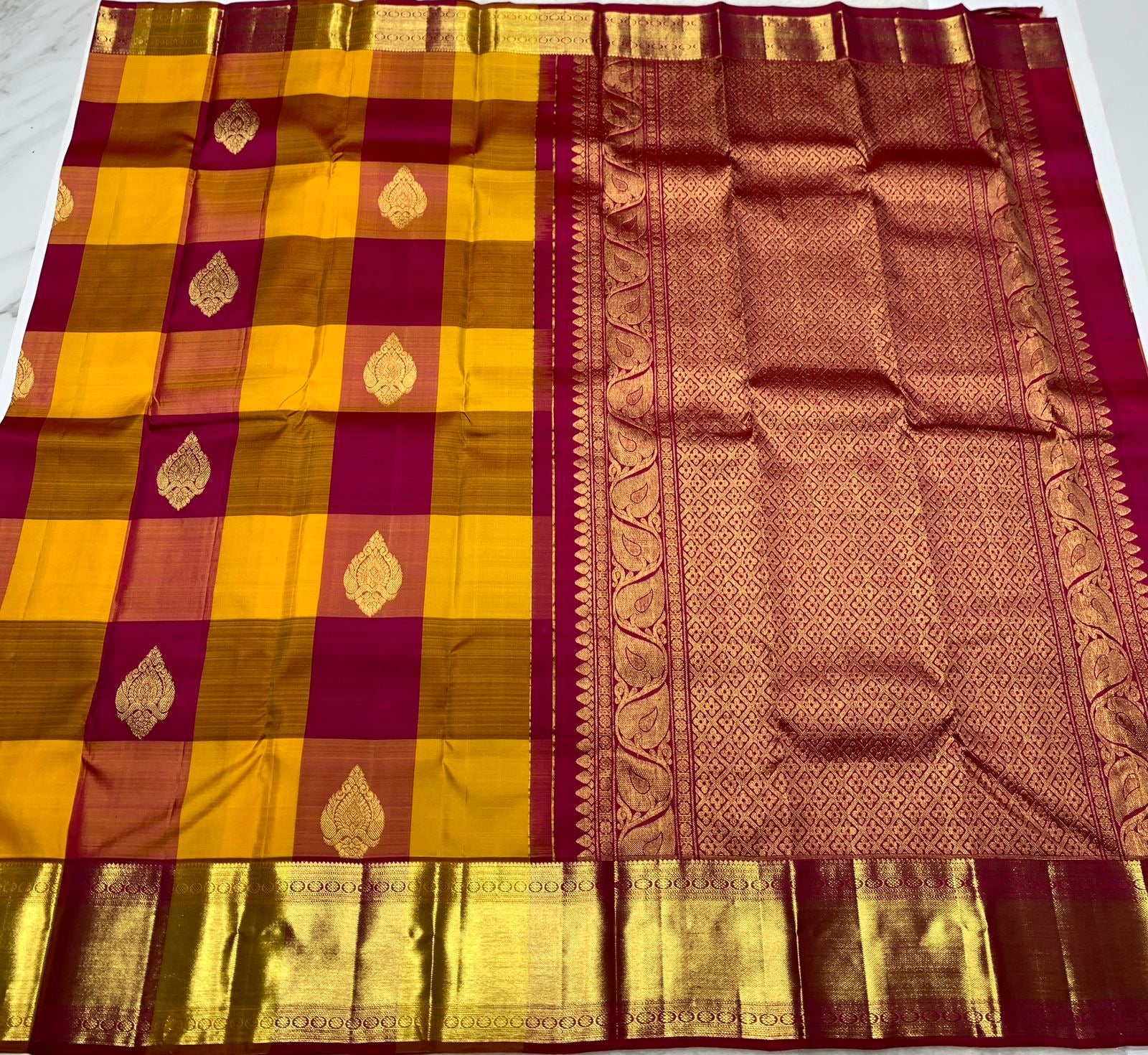Classic Mustard & Pink 2gm Zari Kanchipuram Handloom Silk Saree SS25570