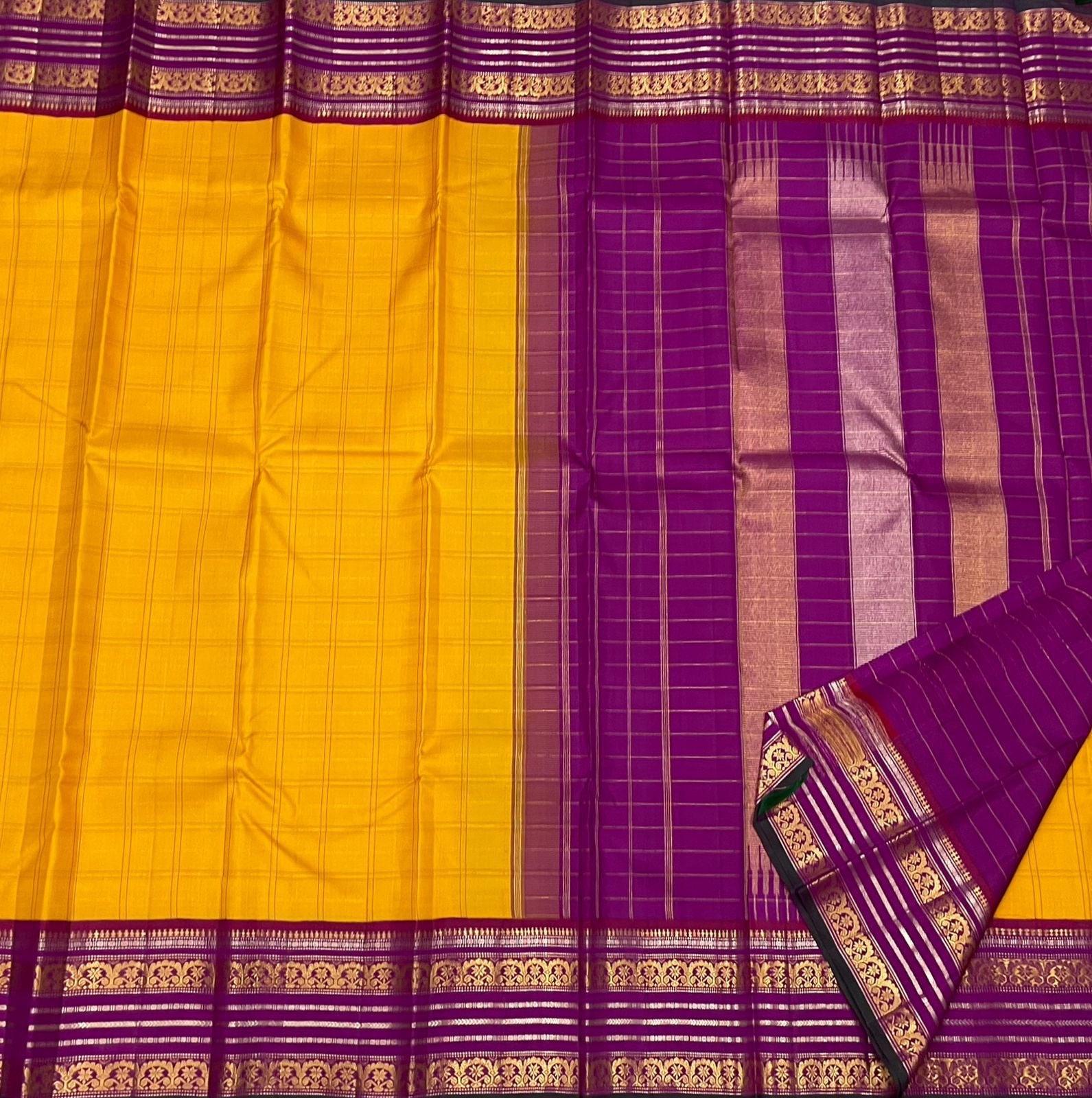 Classic Golden Yellow & Berry Plum 2gm Zari Elegance Kanchipuram Handloom Silk Saree SS24714