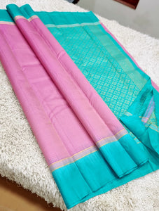 Classic Baby Pink & Turquoise Kanchipuram Handloom Silk Saree SS25558