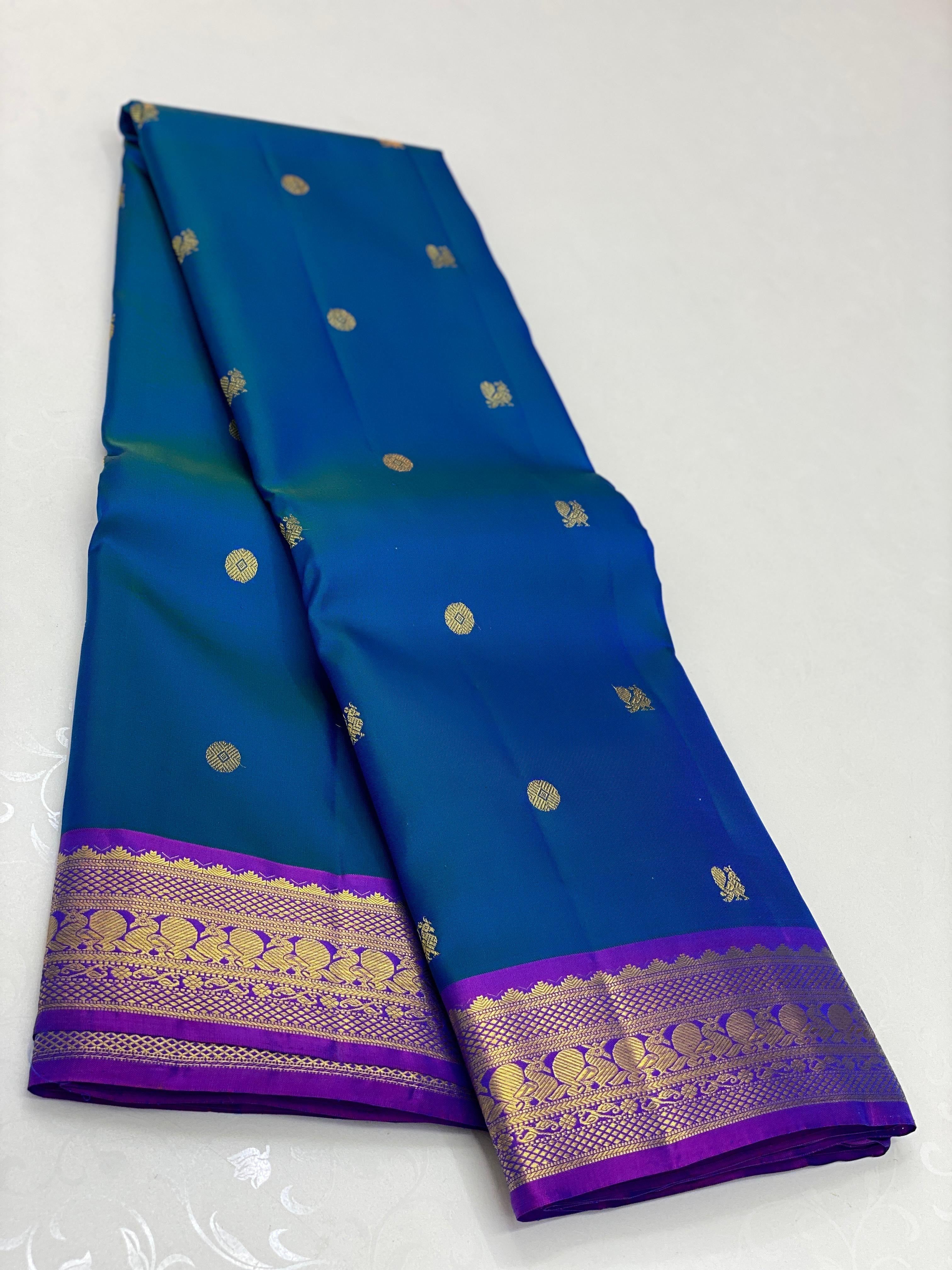 Classic Azure Blue & Purple 2gm Zari Elegance Kanchipuram Handloom Silk Saree SS23752