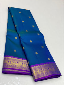 Classic Azure Blue & Purple 2gm Zari Elegance Kanchipuram Handloom Silk Saree SS23752