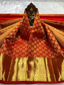 Classic Deep Orange 2gm Zari Bridal Elegance Kanchipuram Handloom Silk Saree SS25449