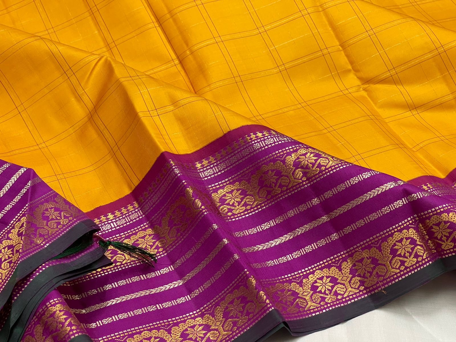 Classic Golden Yellow & Berry Plum 2gm Zari Elegance Kanchipuram Handloom Silk Saree SS24714