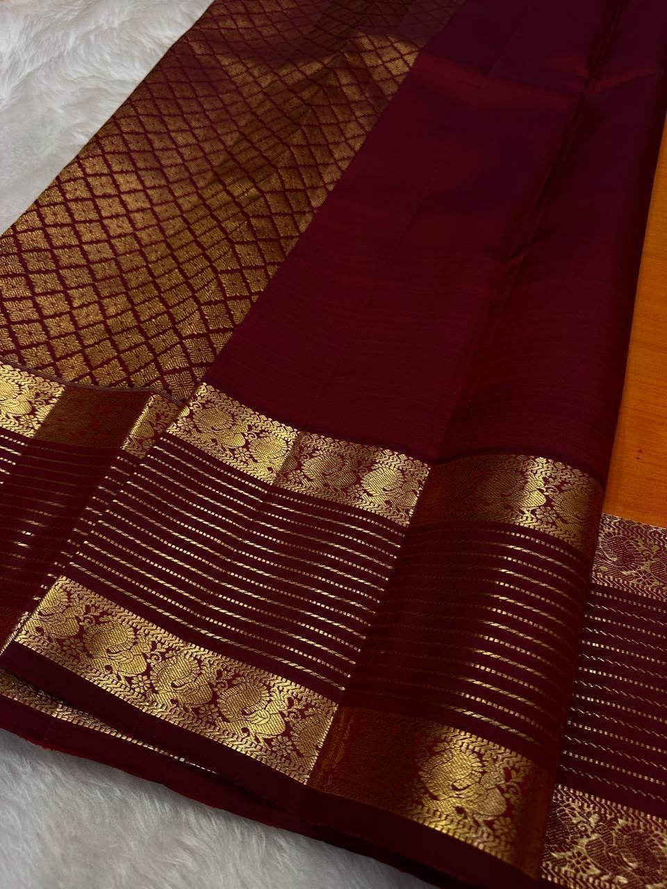 Classic Orange & Maroon Elegance Kanchipuram Handloom Silk Saree SS24533